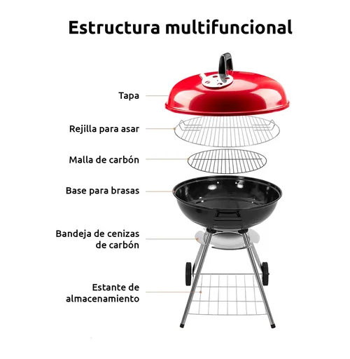 Parrillas A Carbon 85cm Alto Parrilla Redonda Móvil Asados Color Negro y Rojo-1