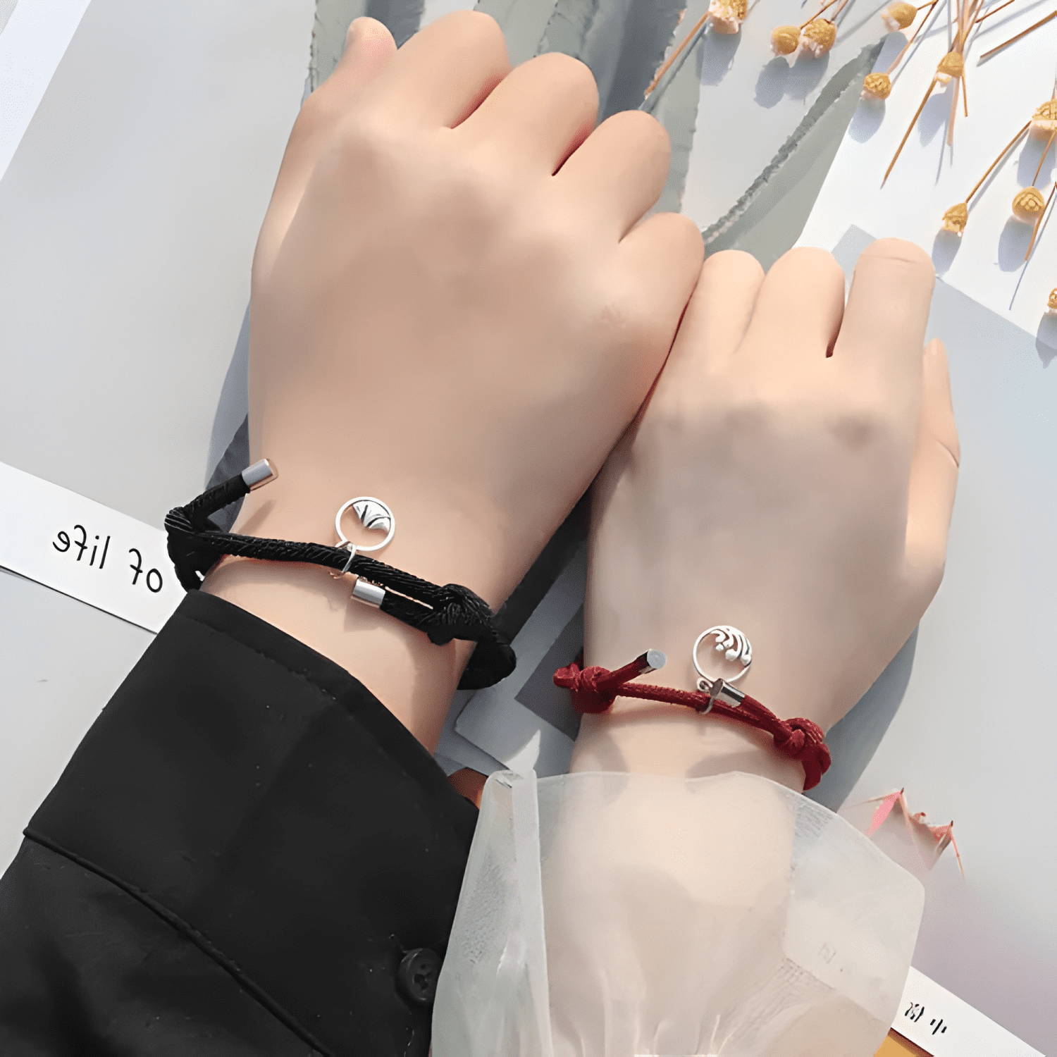 Set pulseras para pareja protección par con imán Negra roja-2