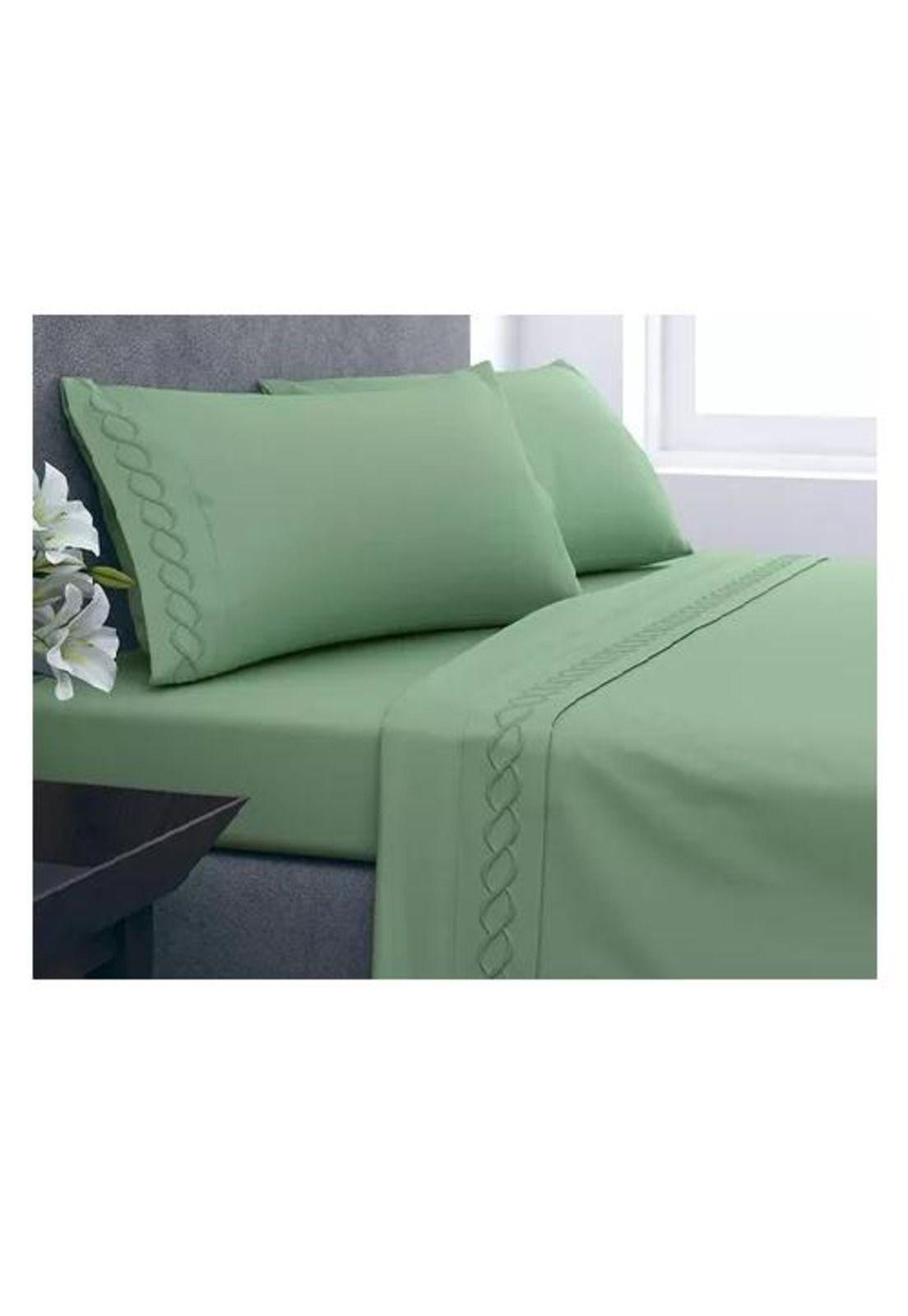 Juego de sábanas 2 plazas, 210 hilos bordadas, color verde claro-3