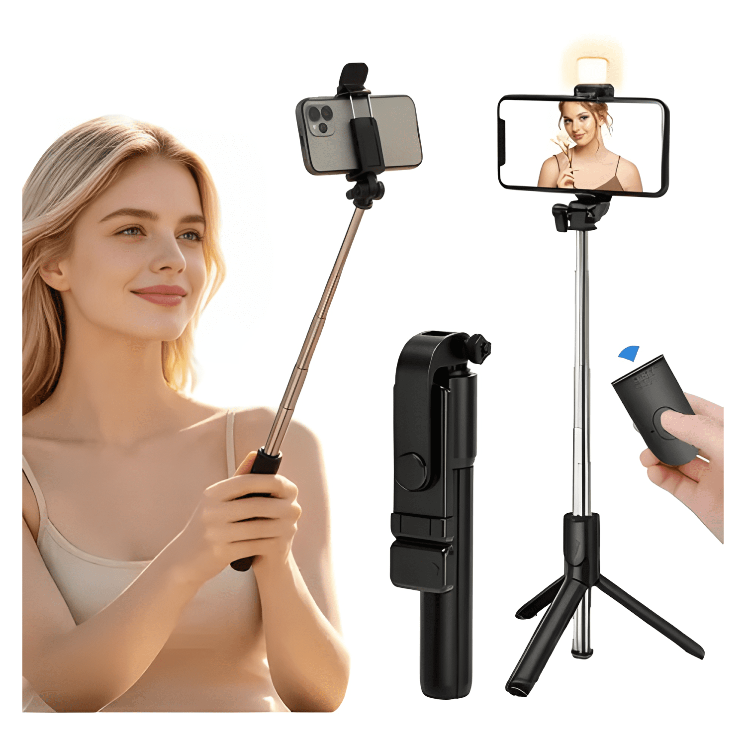 Trípode De Palo Selfie Para Móvil 1m Luz Control Negro #3-0