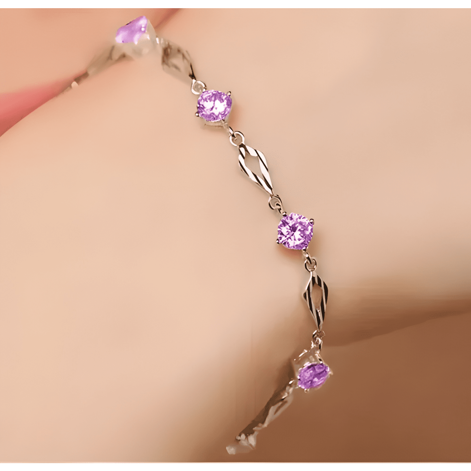 Pulsera de plata fina 925 amatista +caja redonda Lila #7-2