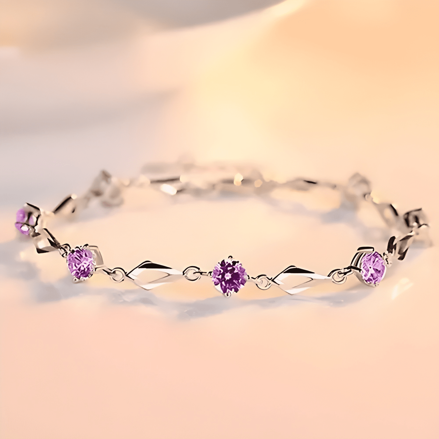 Pulsera de plata fina 925 amatista +caja redonda Lila #7-4