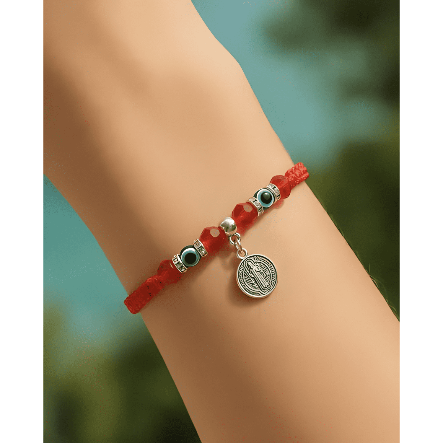 Pulsera hilo san benito ojo turco cristales rojos Rojo-2