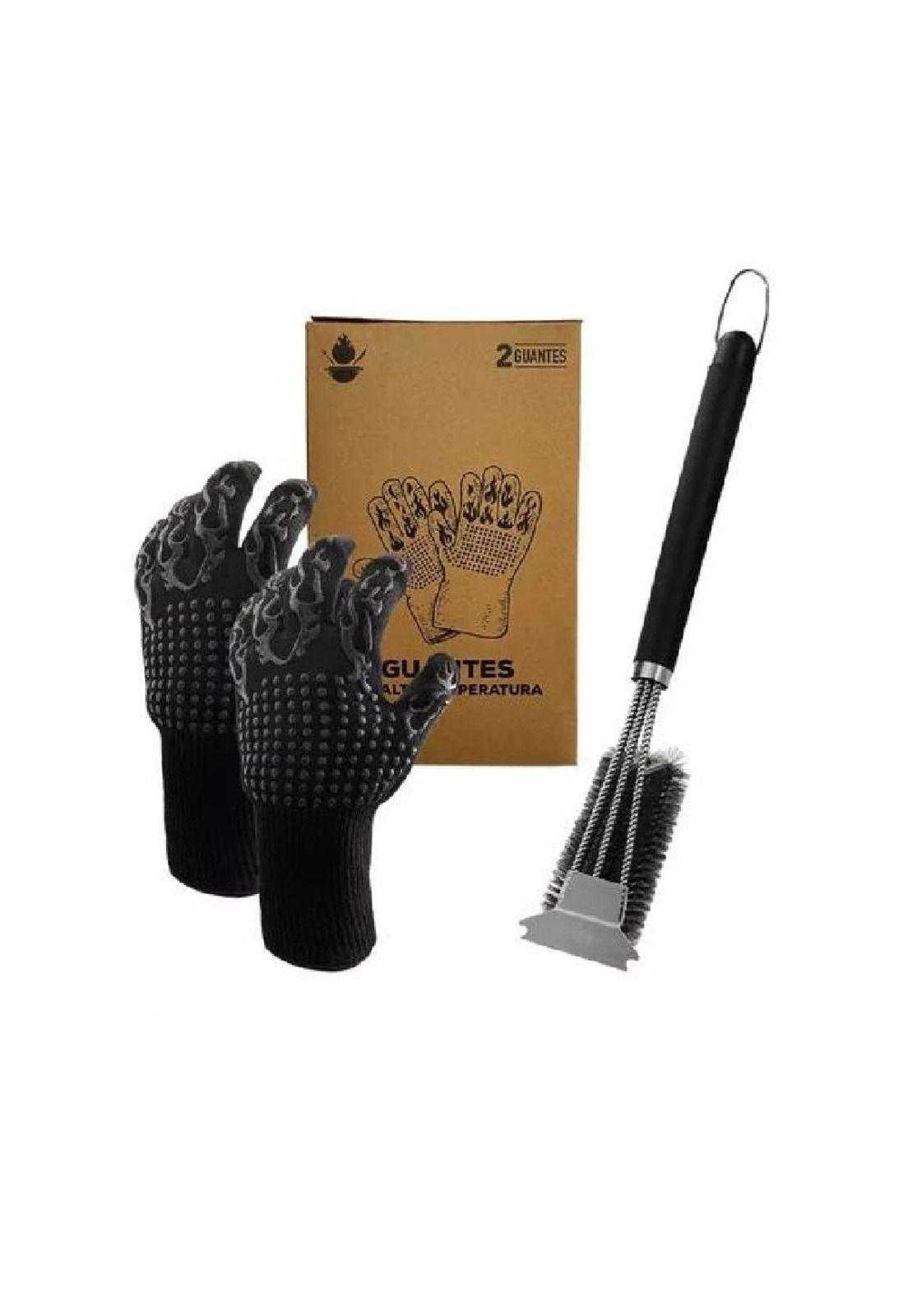 Pack Set Cepillo Inox + 2 Guantes Alta Temperatura Asado Bbq-4