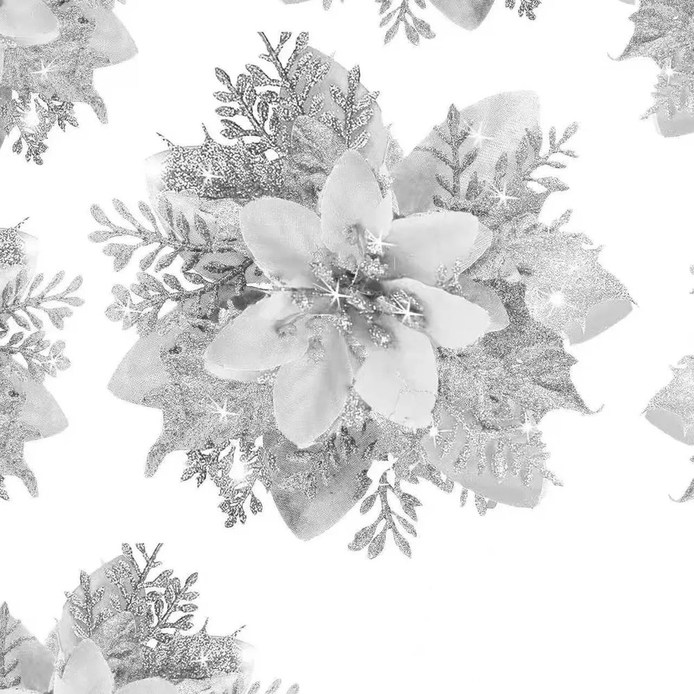 Pack X12 Flores Navideãa Adorno De Navidad Decoración Árbol Plateado-0