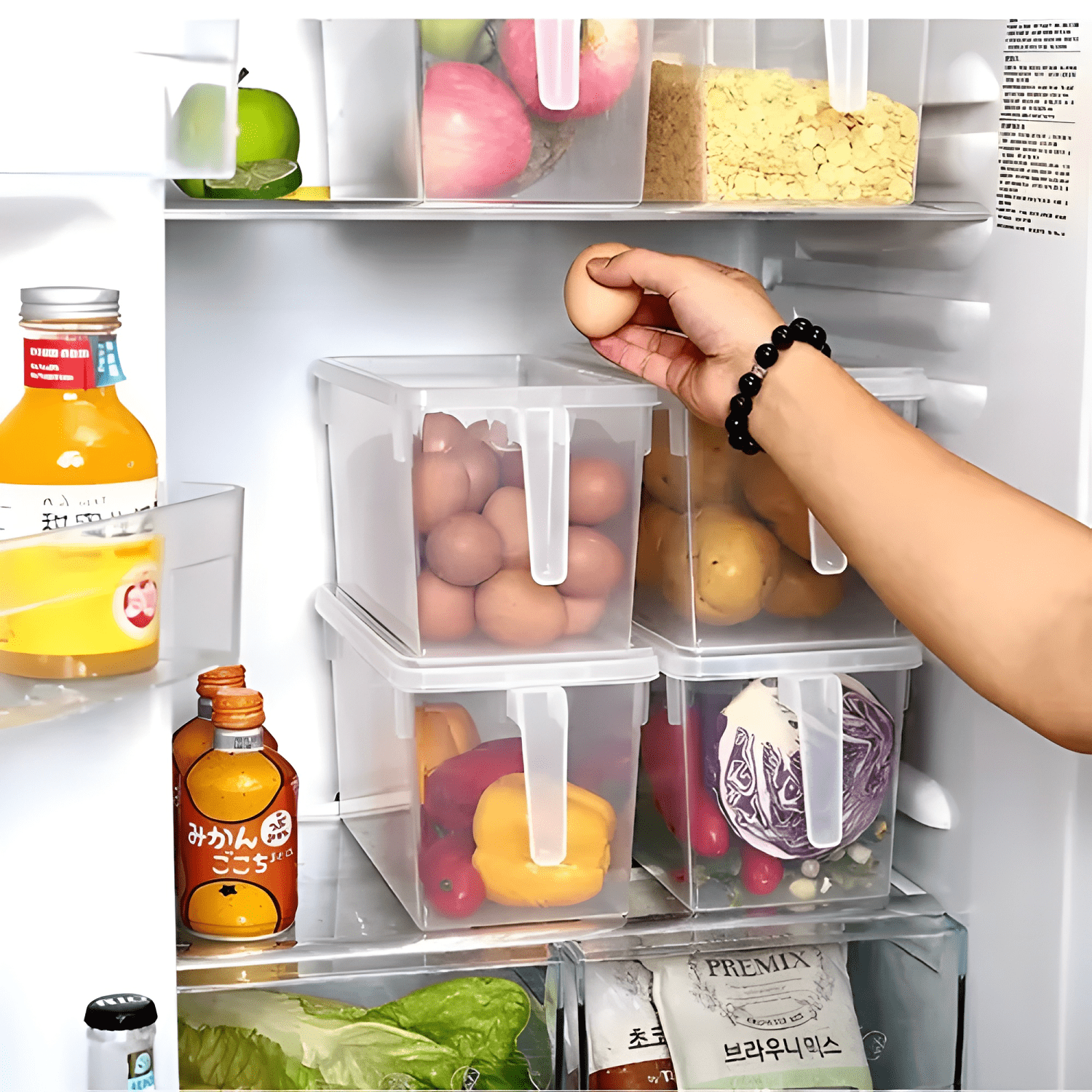 Caja organizadora para refrigerador con mango, transparente-2