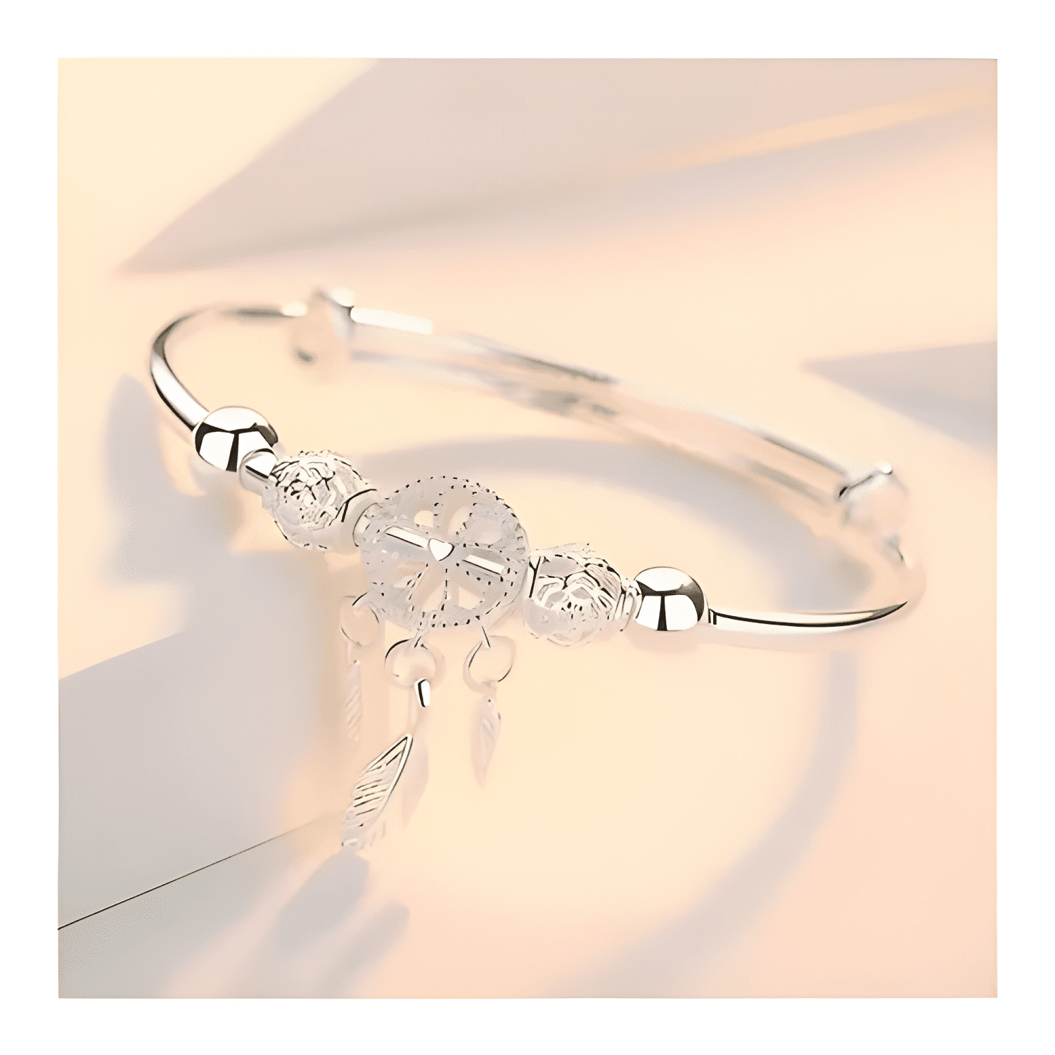 Pulsera atrapasueños plata con borla, diseño de plumas-3