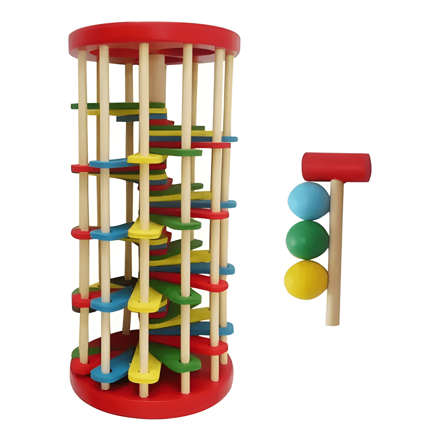 Set torre de madera con martillo y 3 pelotas-1