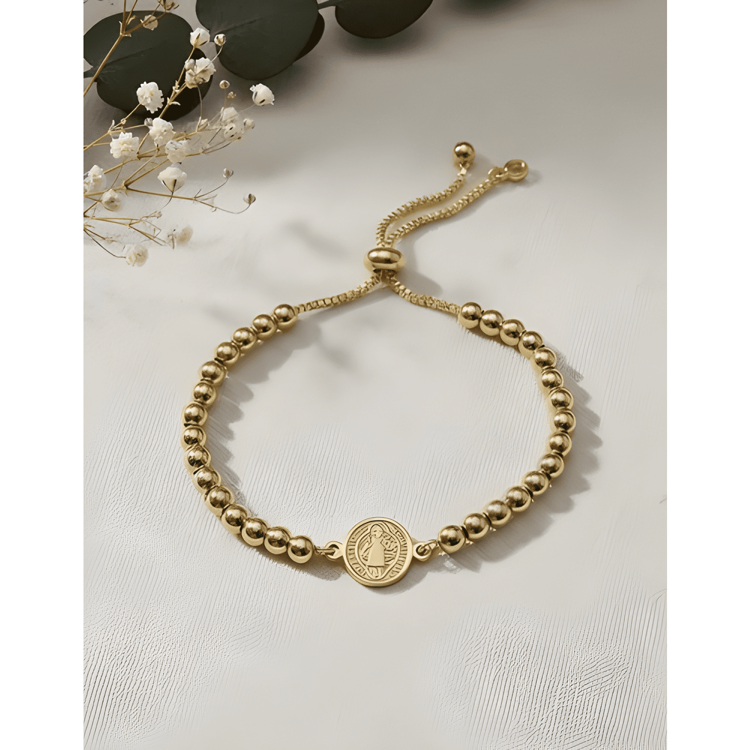 Pulsera san benito cuentas baño oro/platino ajustable unisex-0
