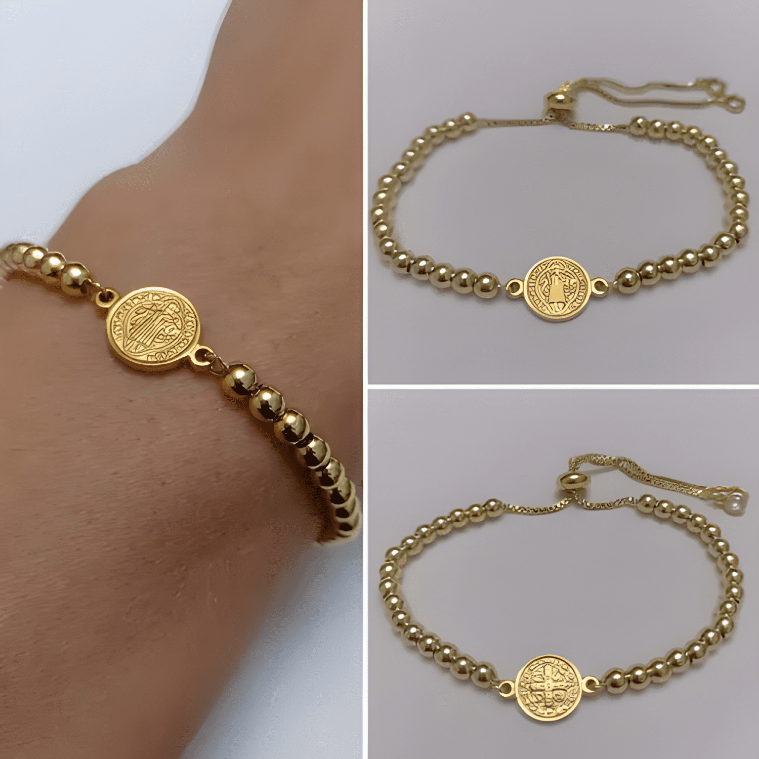 Pulsera san benito cuentas baño oro/platino ajustable unisex-2