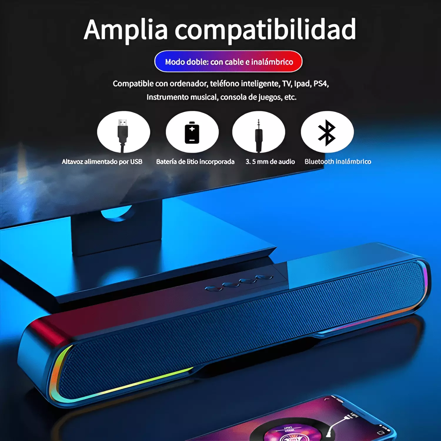 Soundbar parlante gamer bluetooth luces rgb 1200mah #18-4