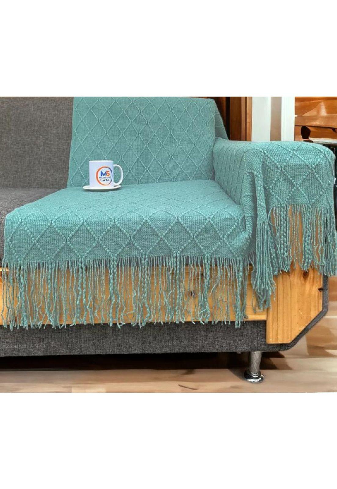 Manta decorativa tejida para sillón, piecera o cama color turquesa-1