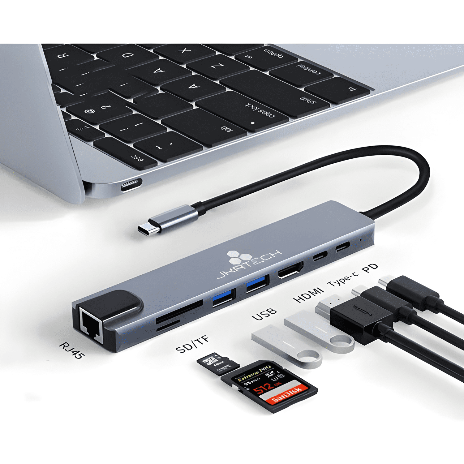 Hub USB-C 8 en 1 JKR Tech HDMI LAN 2 USB 3.0 SD TF PD-0