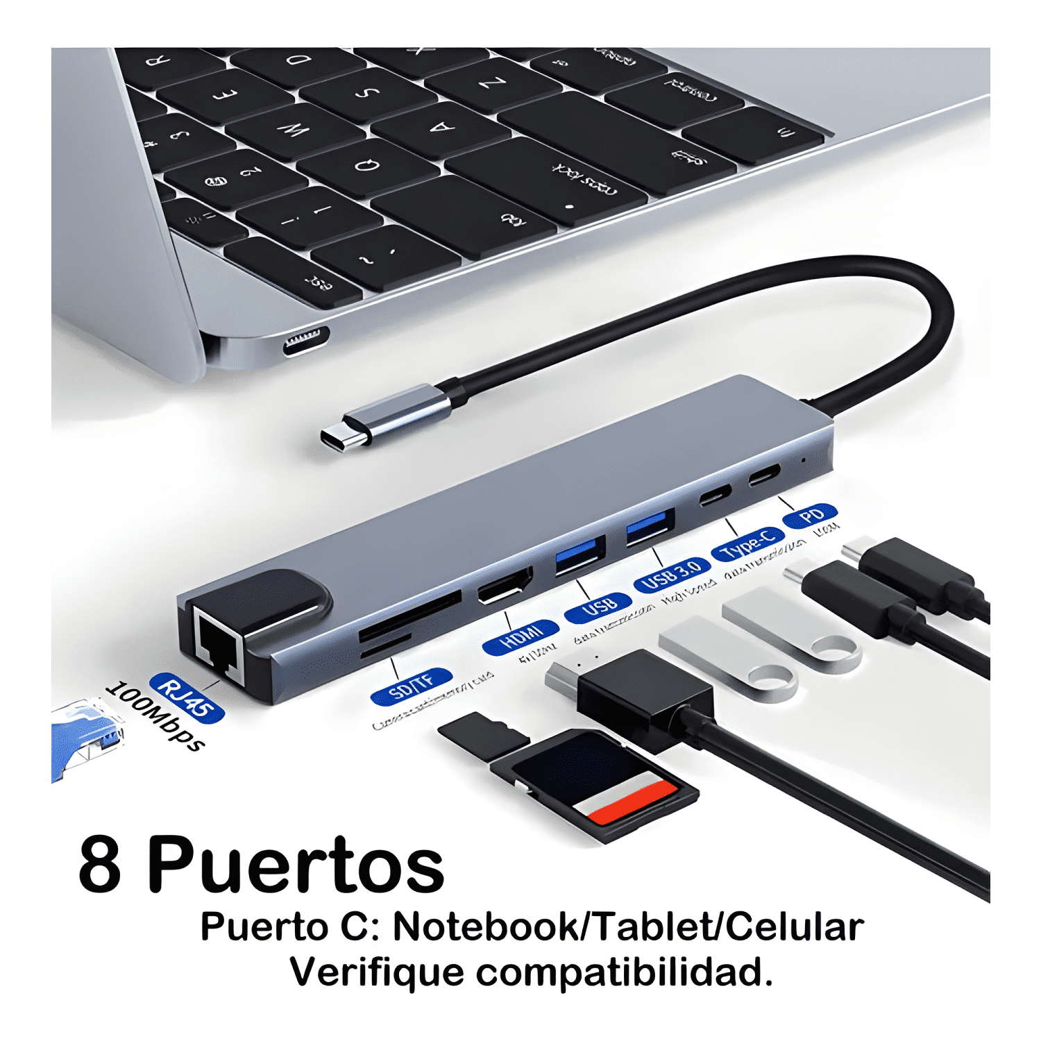 Hub USB-C 8 en 1 JKR Tech HDMI LAN 2 USB 3.0 SD TF PD-1