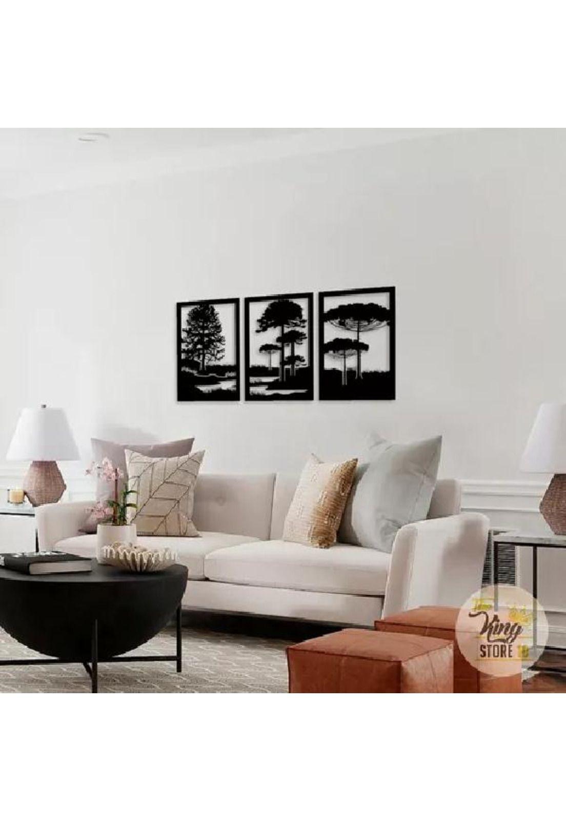 Set de 3 Cuadros Paisaje Árboles Araucarias Negro-2