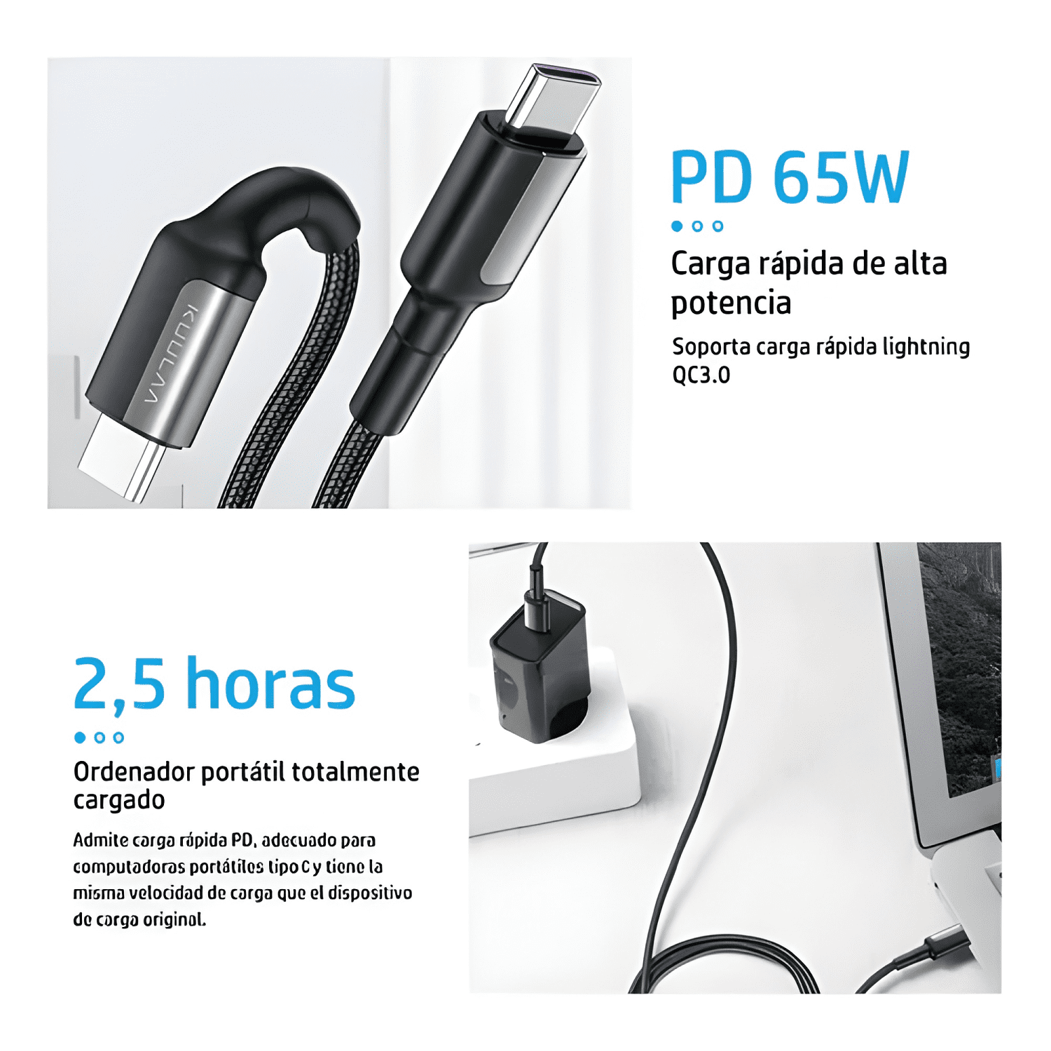 Cable tipo c a USB-C carga rápida 65w largo 2 metros #16-2