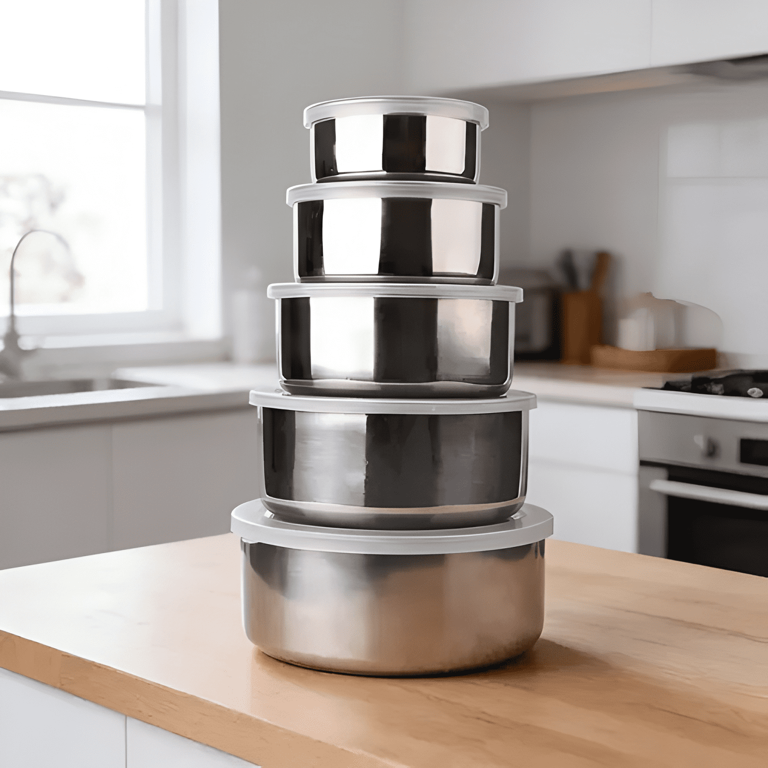 Pack 5 bowls cocina acero inoxidable con tapa apilables-3