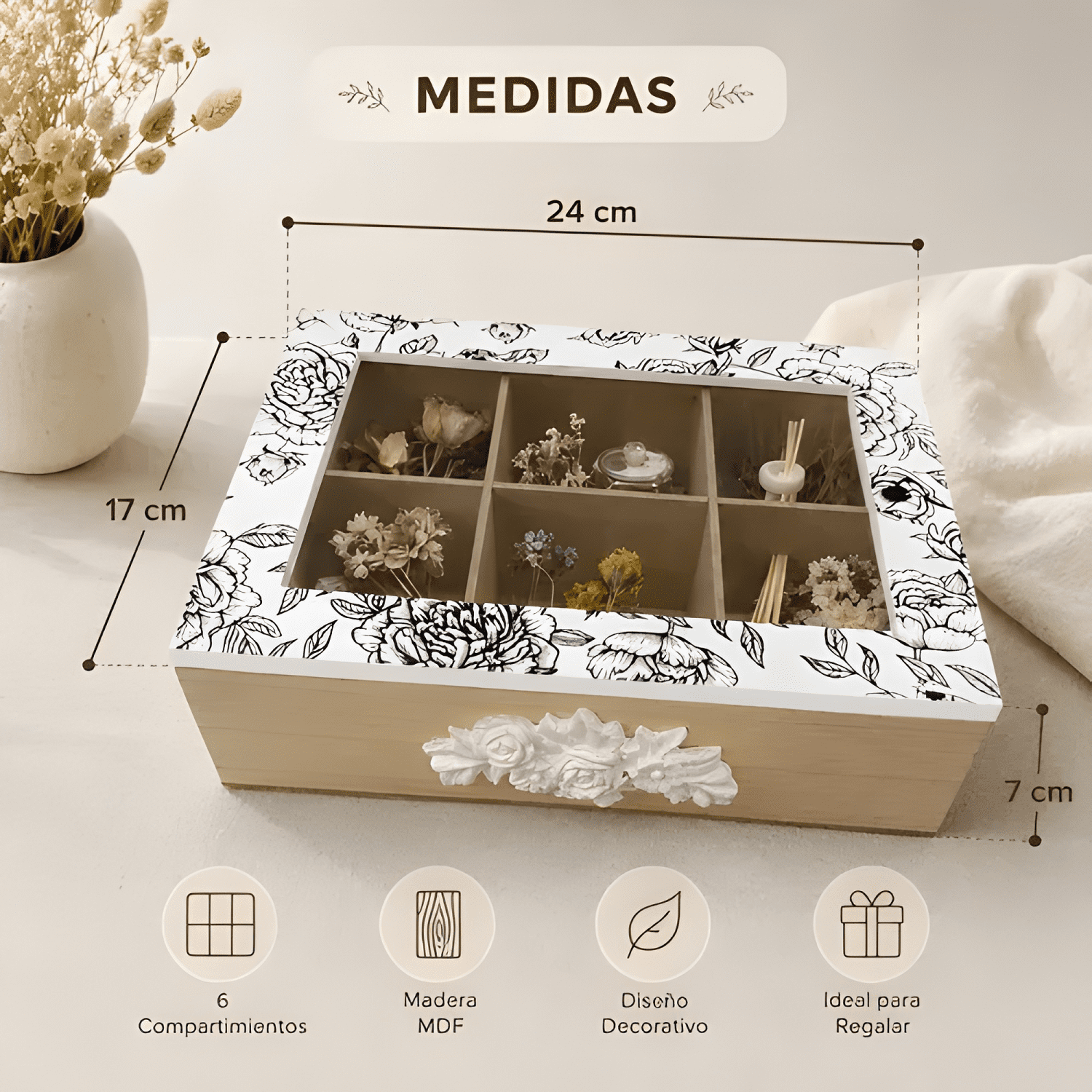 Caja organizadora de té 6 compartimentos con tapa-2