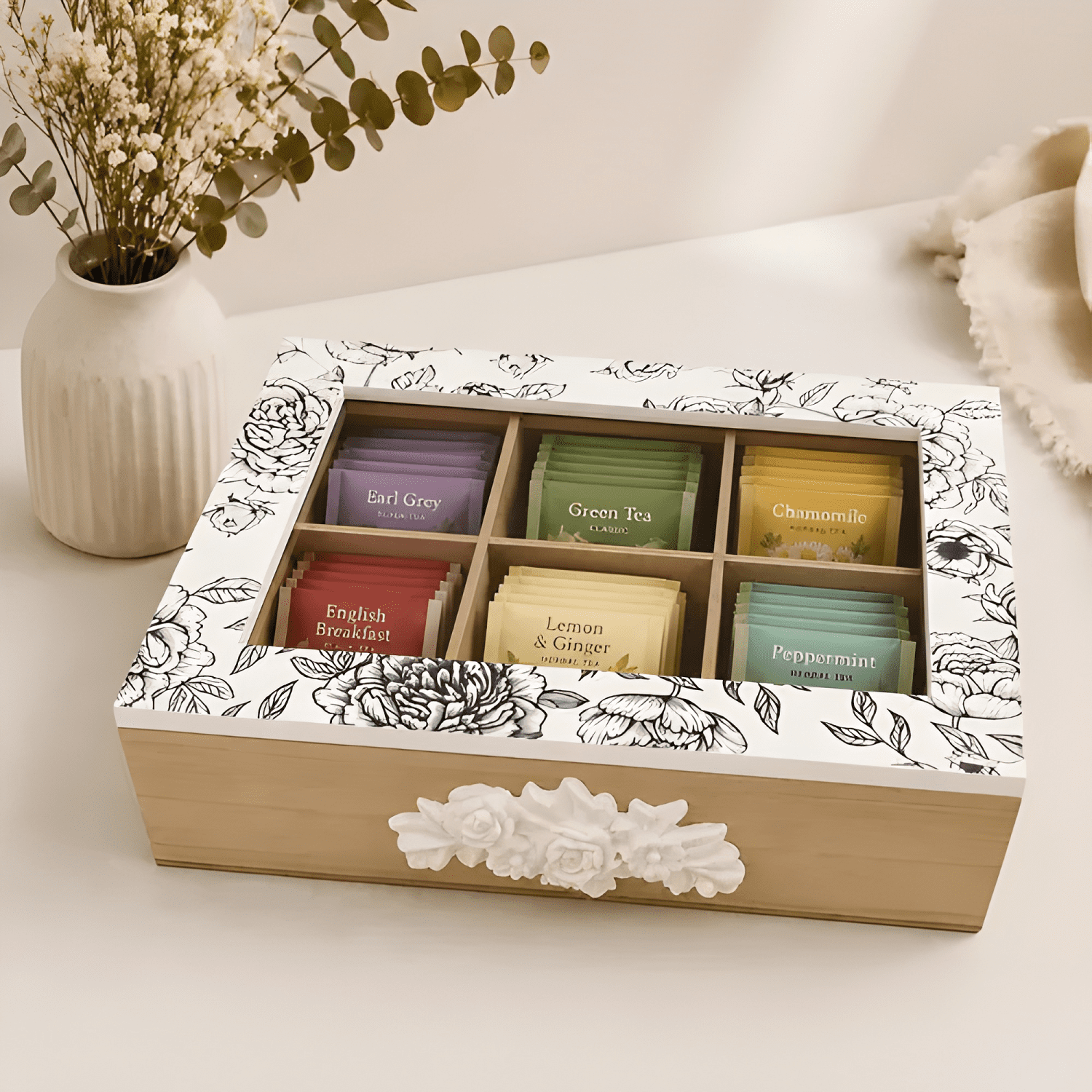 Caja organizadora de té 6 compartimentos con tapa-3
