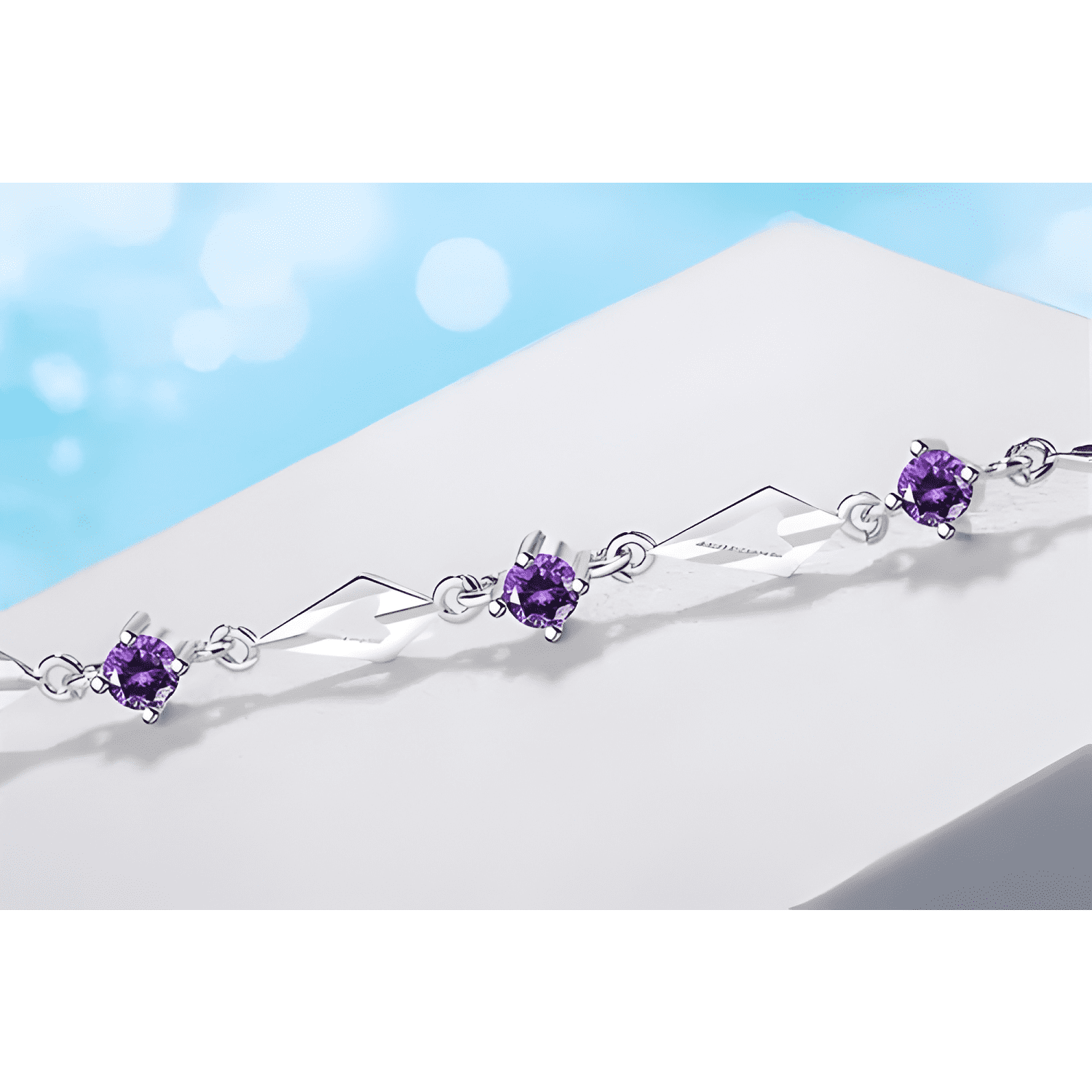 Pulsera de plata fina 925 amatista +caja redonda Lila #10-2