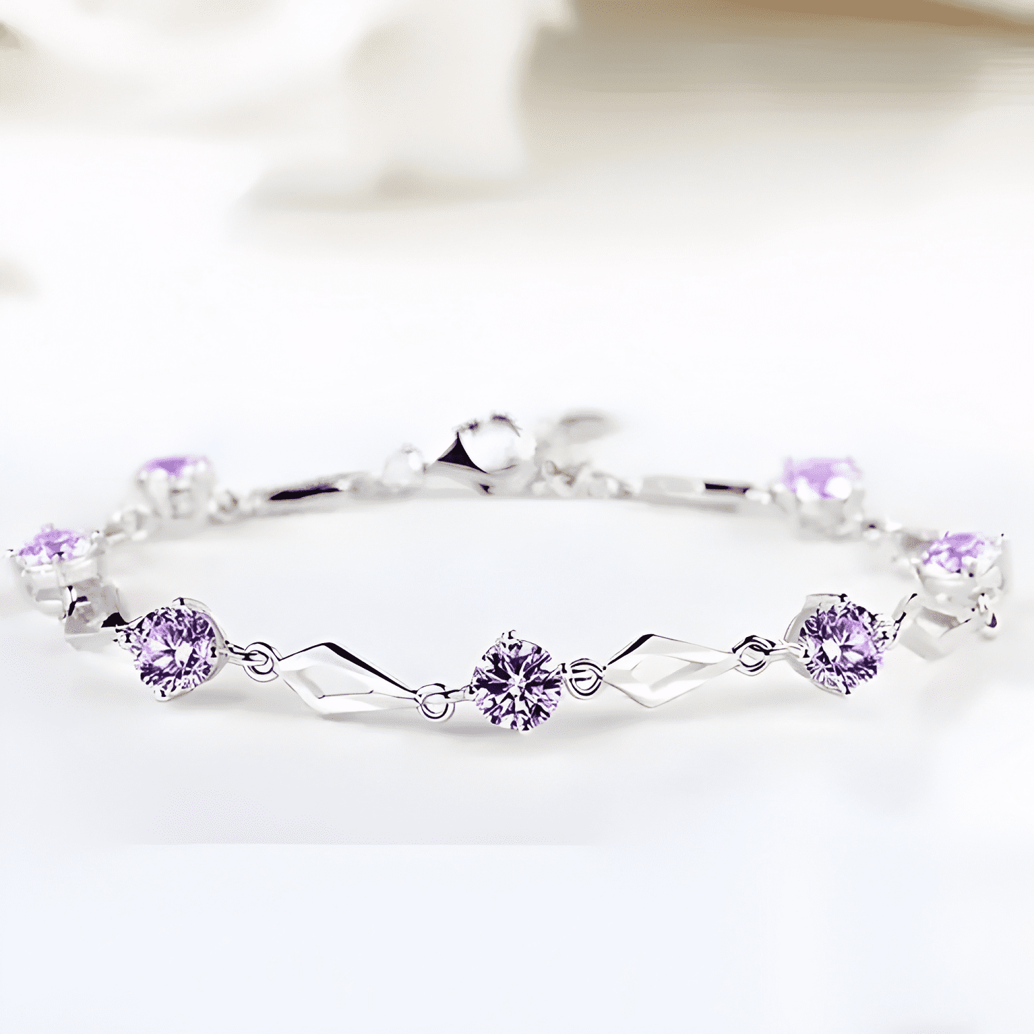 Pulsera de plata fina 925 amatista +caja redonda Lila #10-3