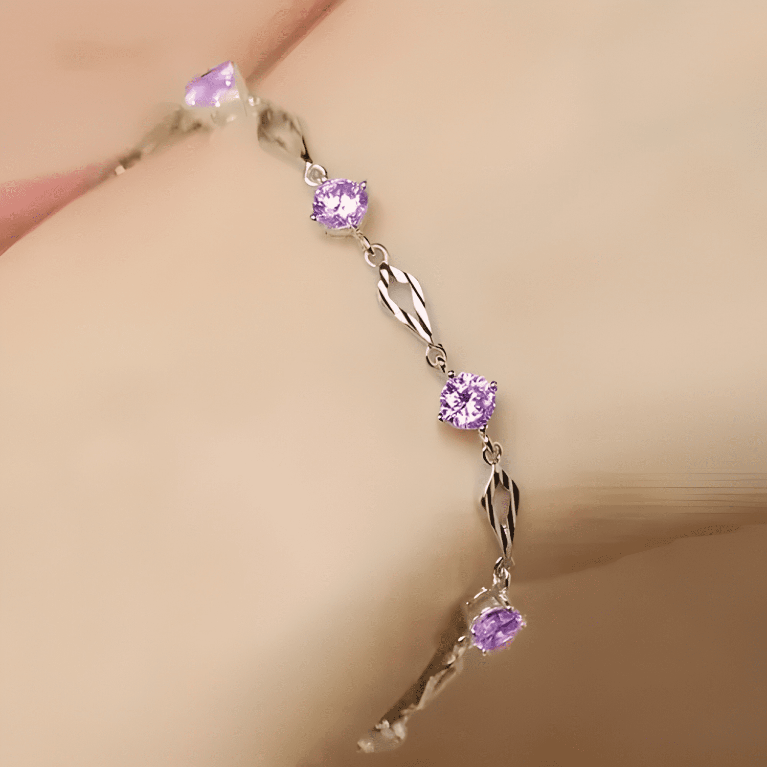 Pulsera de plata fina 925 amatista +caja redonda Lila #10-4