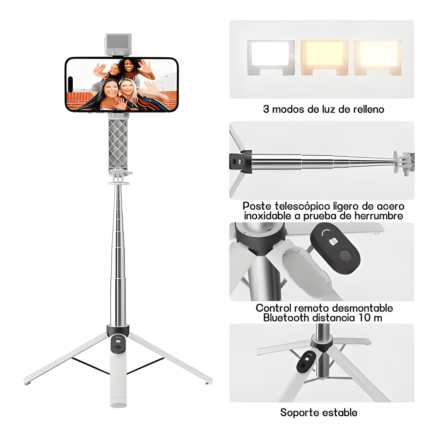 Trípode para Selfies 17.5-105 cm con Luz LED 3 Niveles #8-3