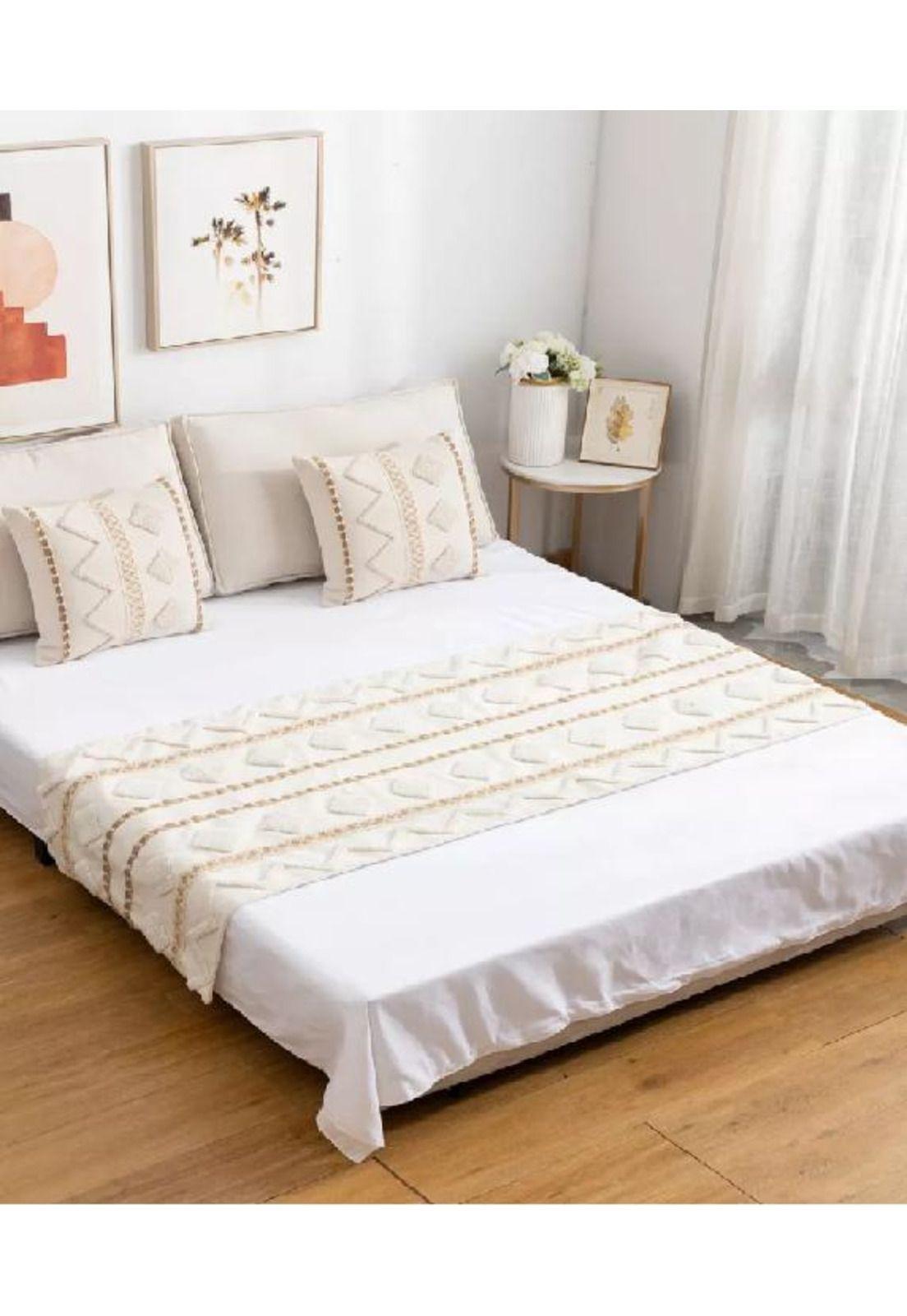 Piecera de cama diseño boho 2p y king + fundas decoración boho clásico 3 color crema-0