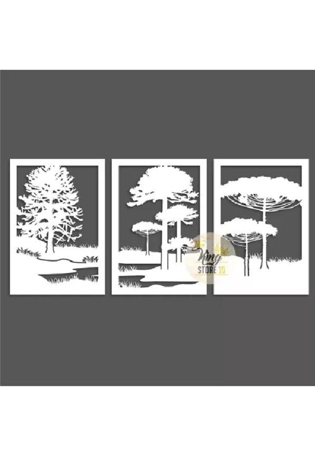Set de 3 Cuadros Paisaje Árboles Araucarias Blanco-0