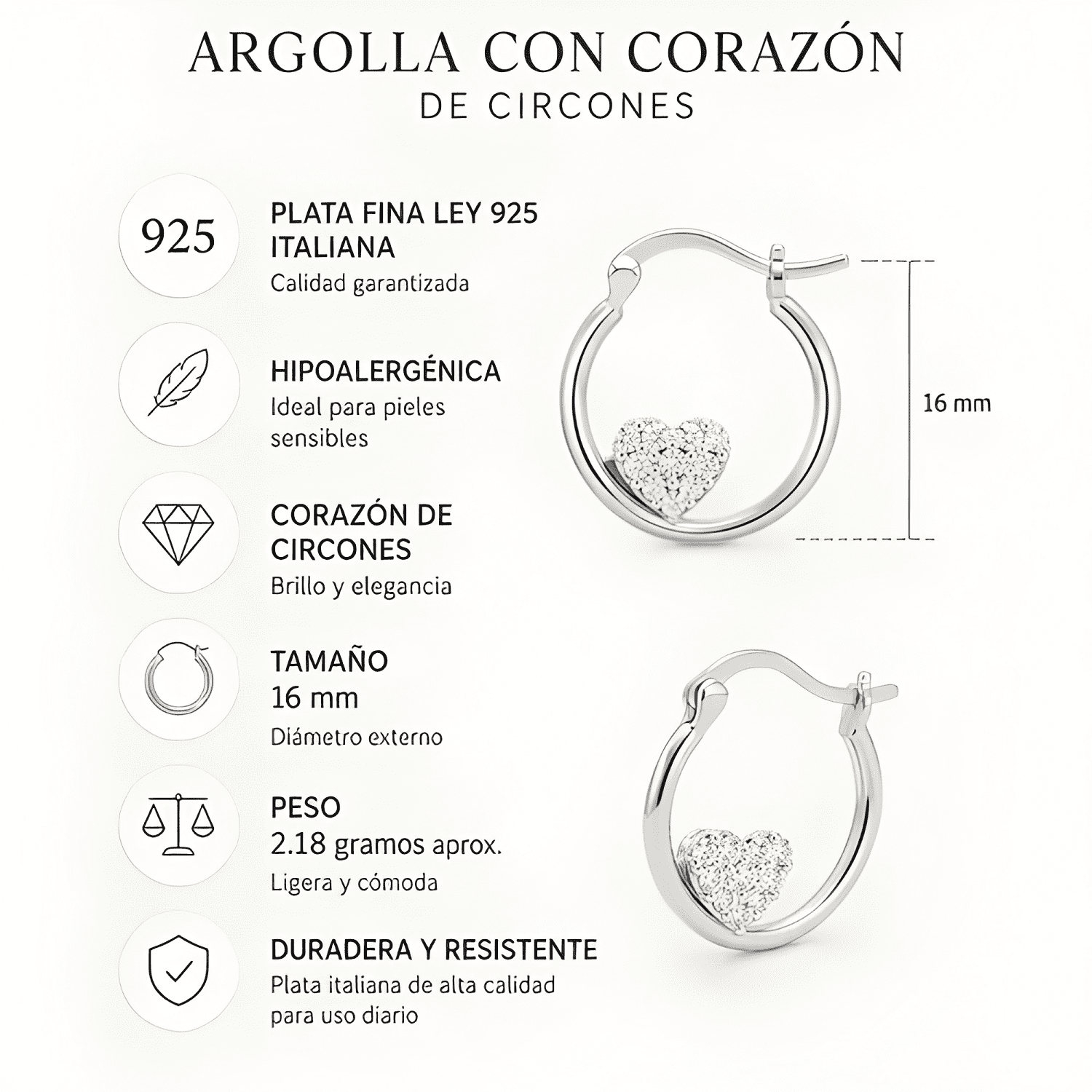 Aros Argolla Plata 925 Corazon De Circones 16mm Mujer Regalo-3