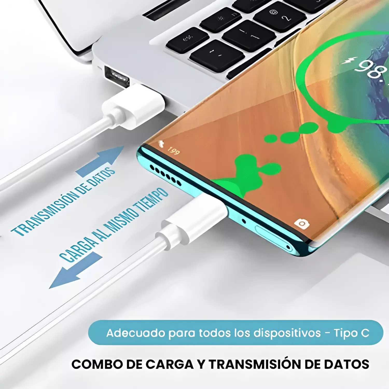 Cable tipo USB a tipo c para carga rápida android Blanco-3