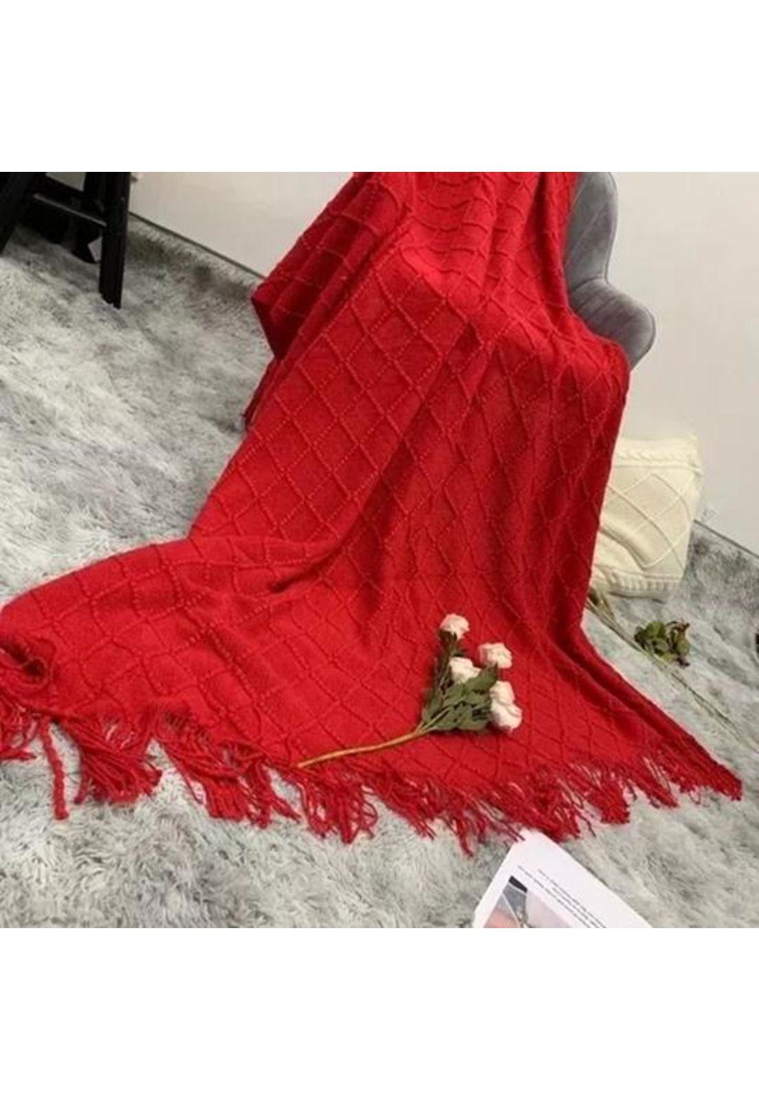 Manta decorativa tejida para sillón, piecera o cama color rojo-1