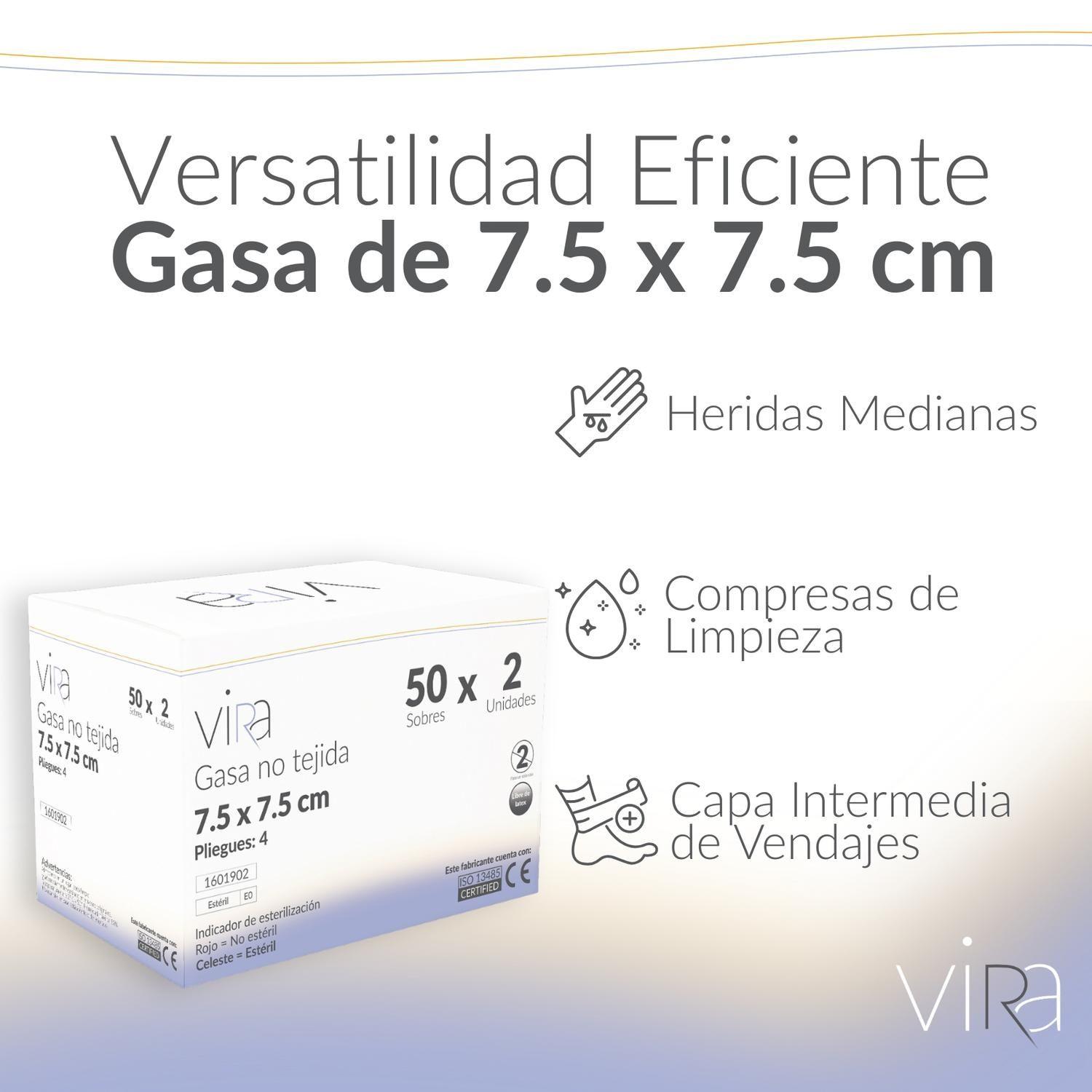 Gasa Estéril No Tejida 7.5x7.5 50 Sobres x 2 (100u) viRa-2