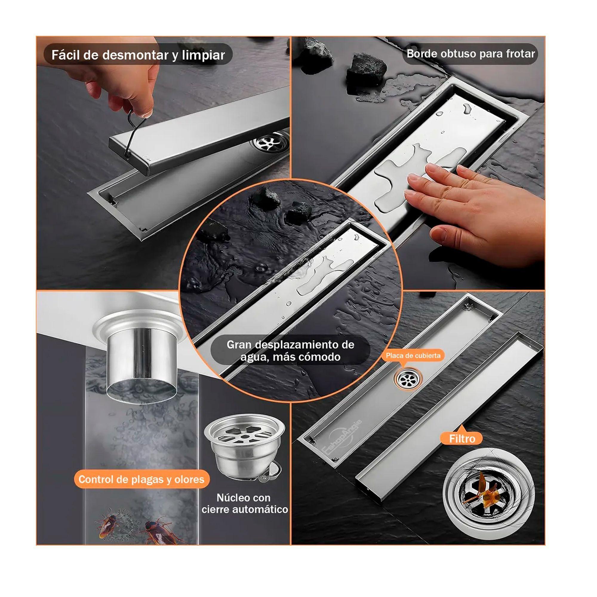 Piso Drenaje Ducha Cubierta Acero Inoxidable Filtro 60x10cm-5