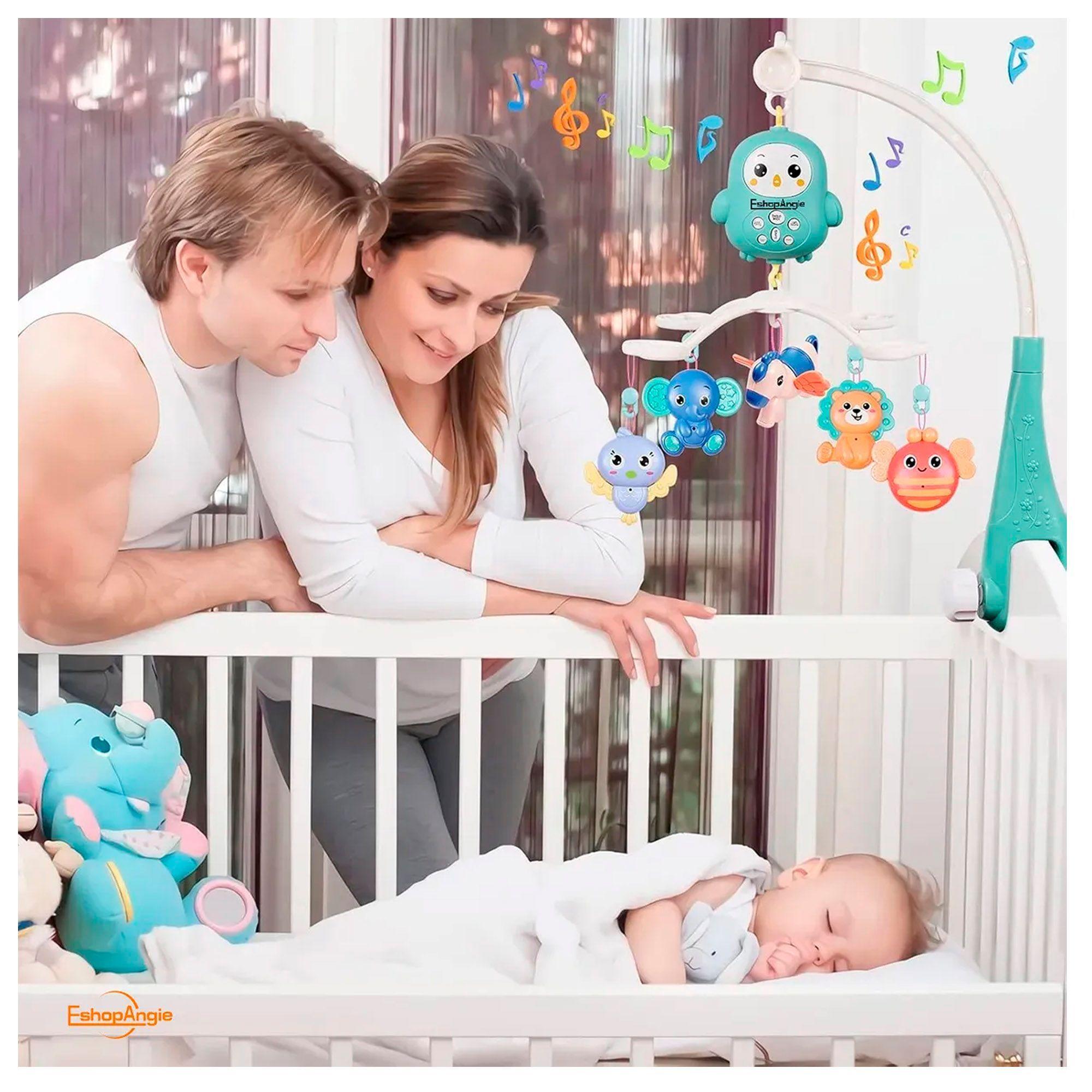 Móvil Giratorio Musical Con Luces Para Cuna + Control Celeste Animal-4