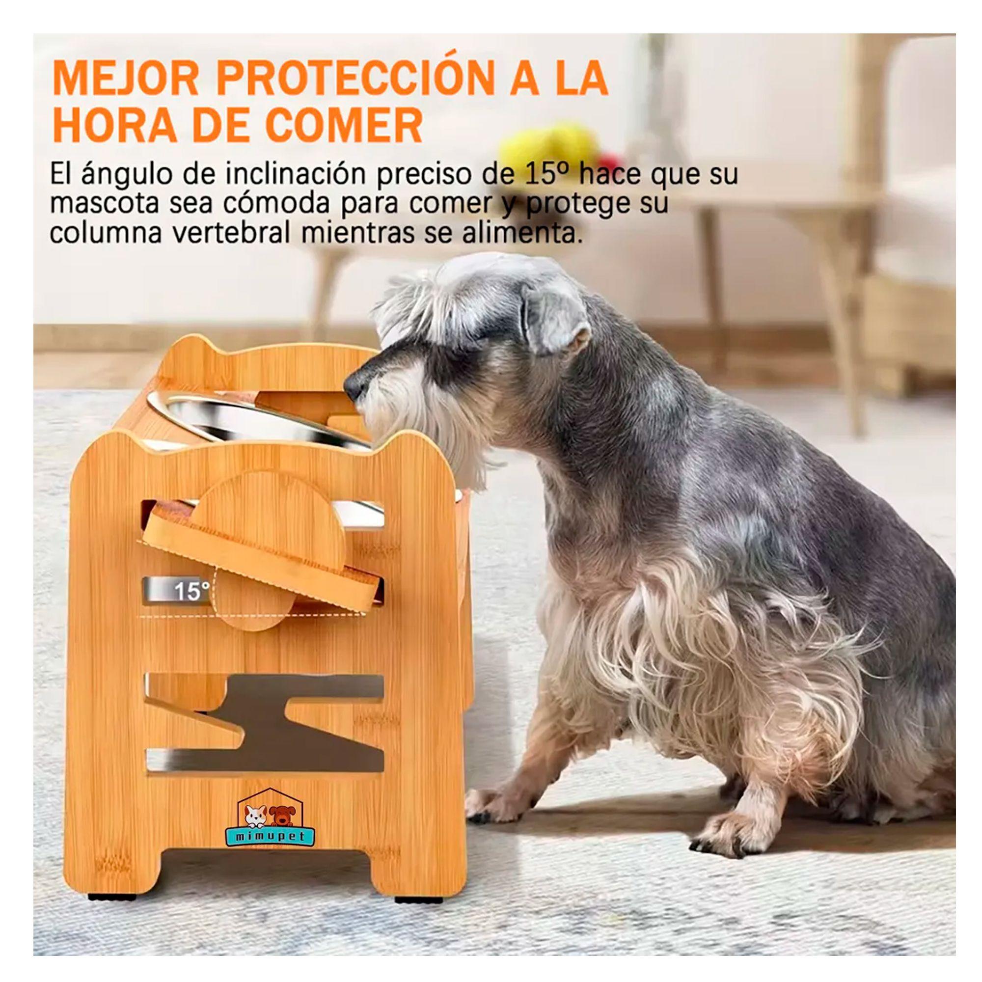 Comedero Bebedero Elevado Ajustable De Bambu Perros Y Gatos -3