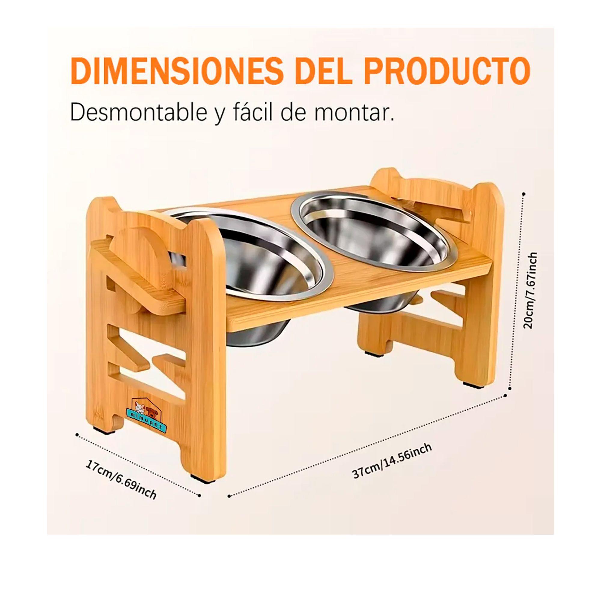 Comedero Bebedero Elevado Ajustable De Bambu Perros Y Gatos -4