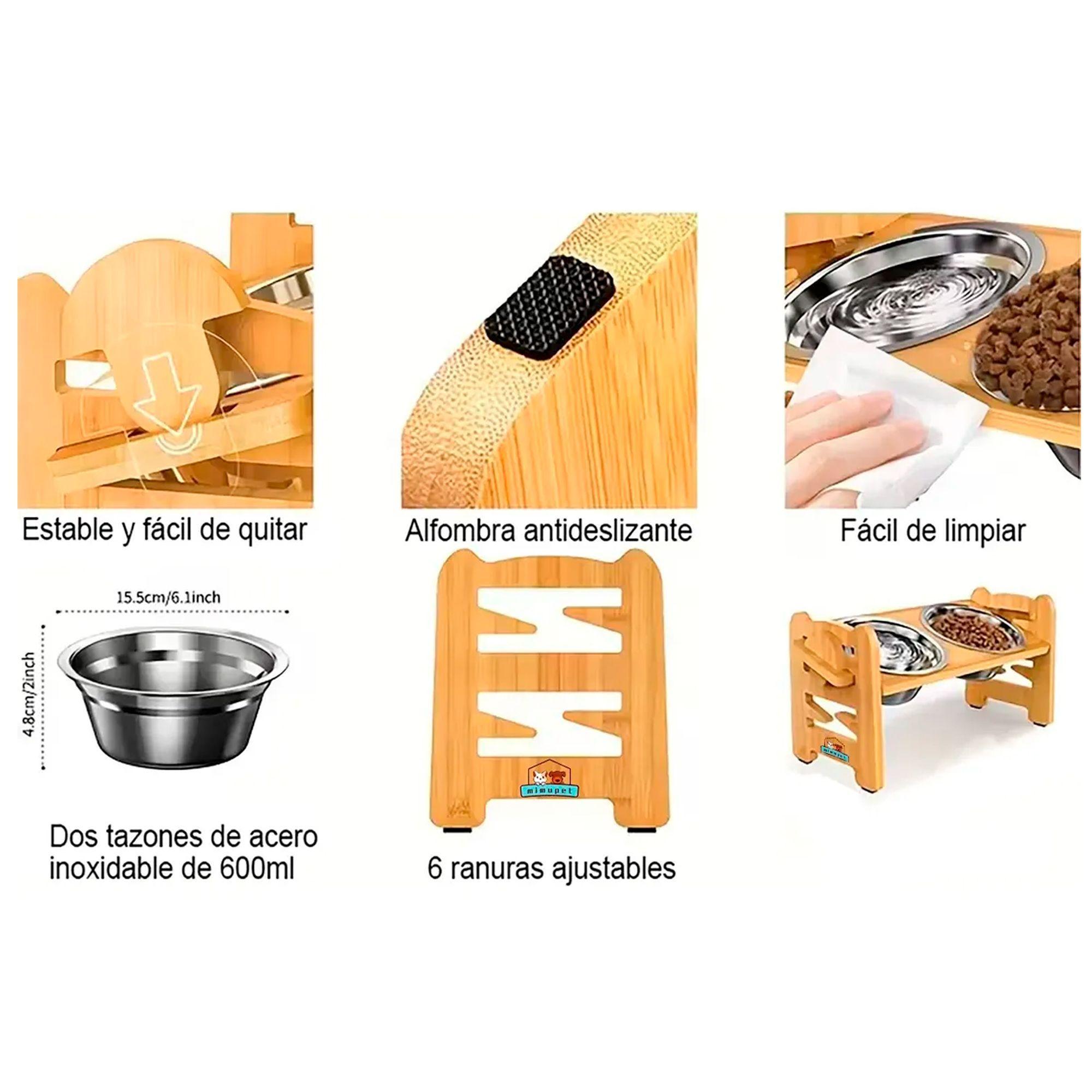 Comedero Bebedero Elevado Ajustable De Bambu Perros Y Gatos -5