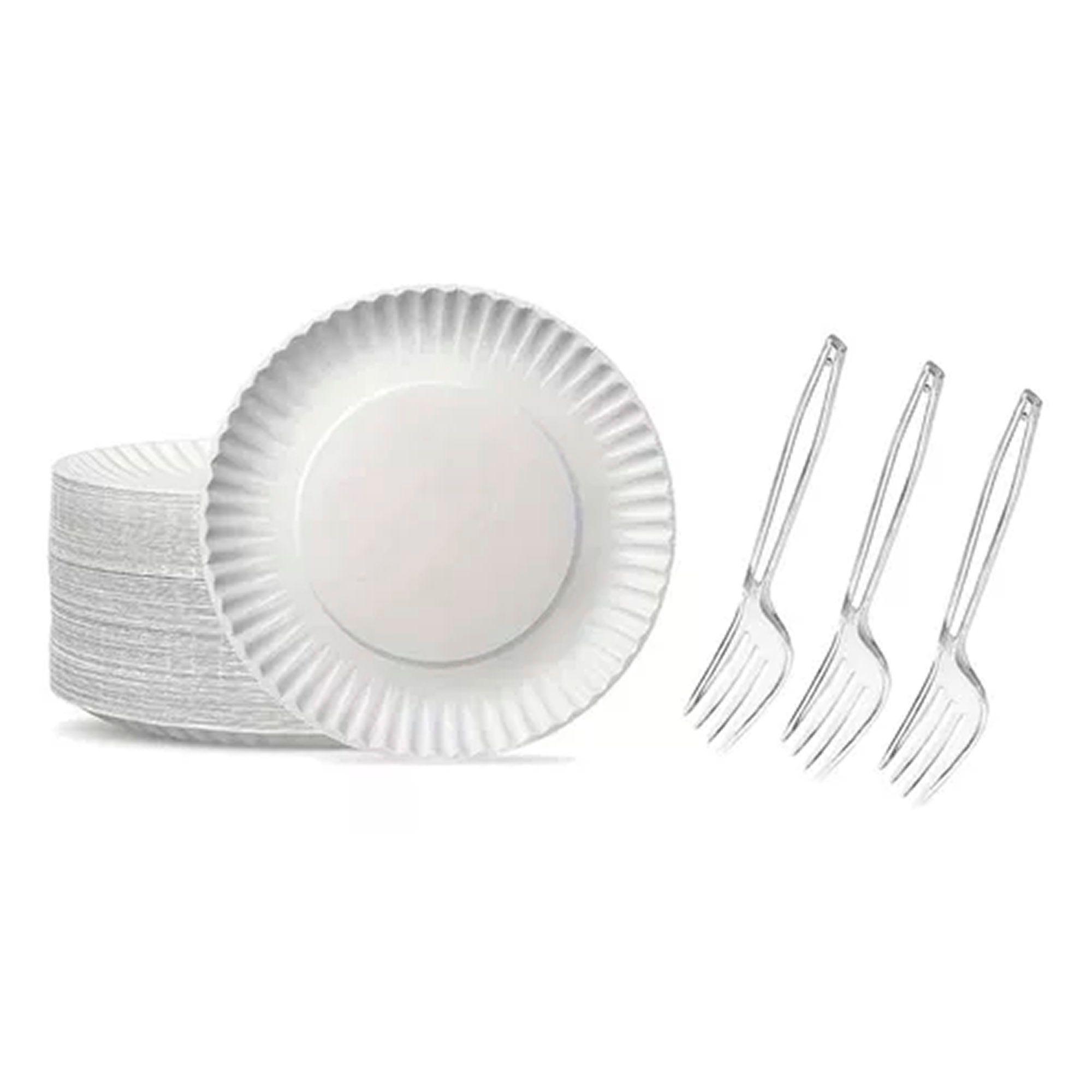 Pack 100 Platos De Carton Blanco + 100 Tenedores Desechables-0