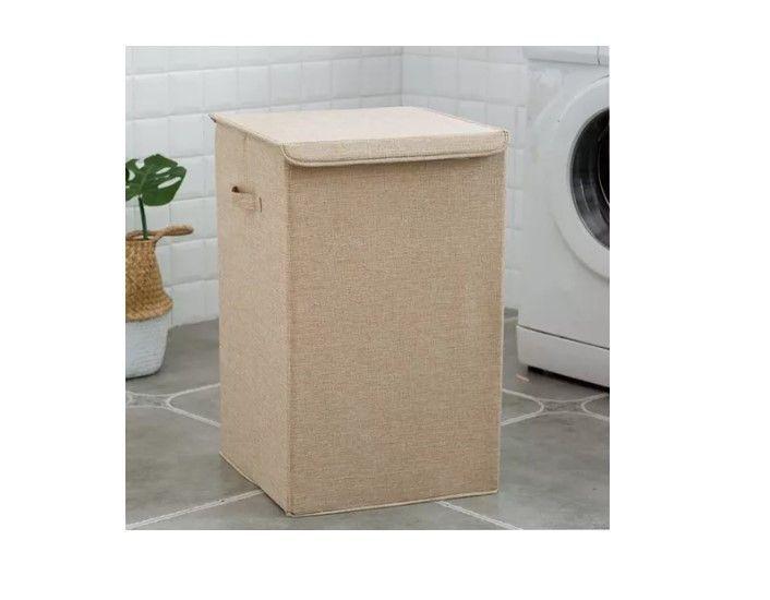 Cesta Contenedor De Ropa Sucia Plegable Con Tapa De Lino Beige-1