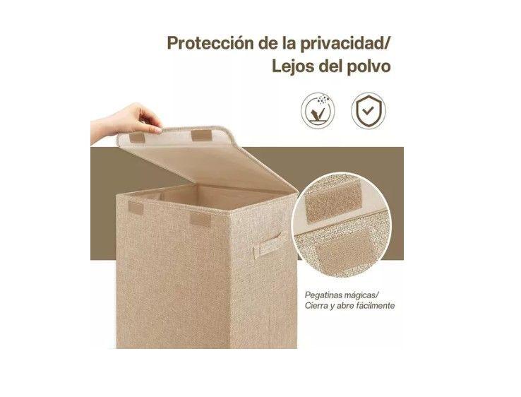 Cesta Contenedor De Ropa Sucia Plegable Con Tapa De Lino Beige-2