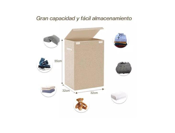 Cesta Contenedor De Ropa Sucia Plegable Con Tapa De Lino Beige-3