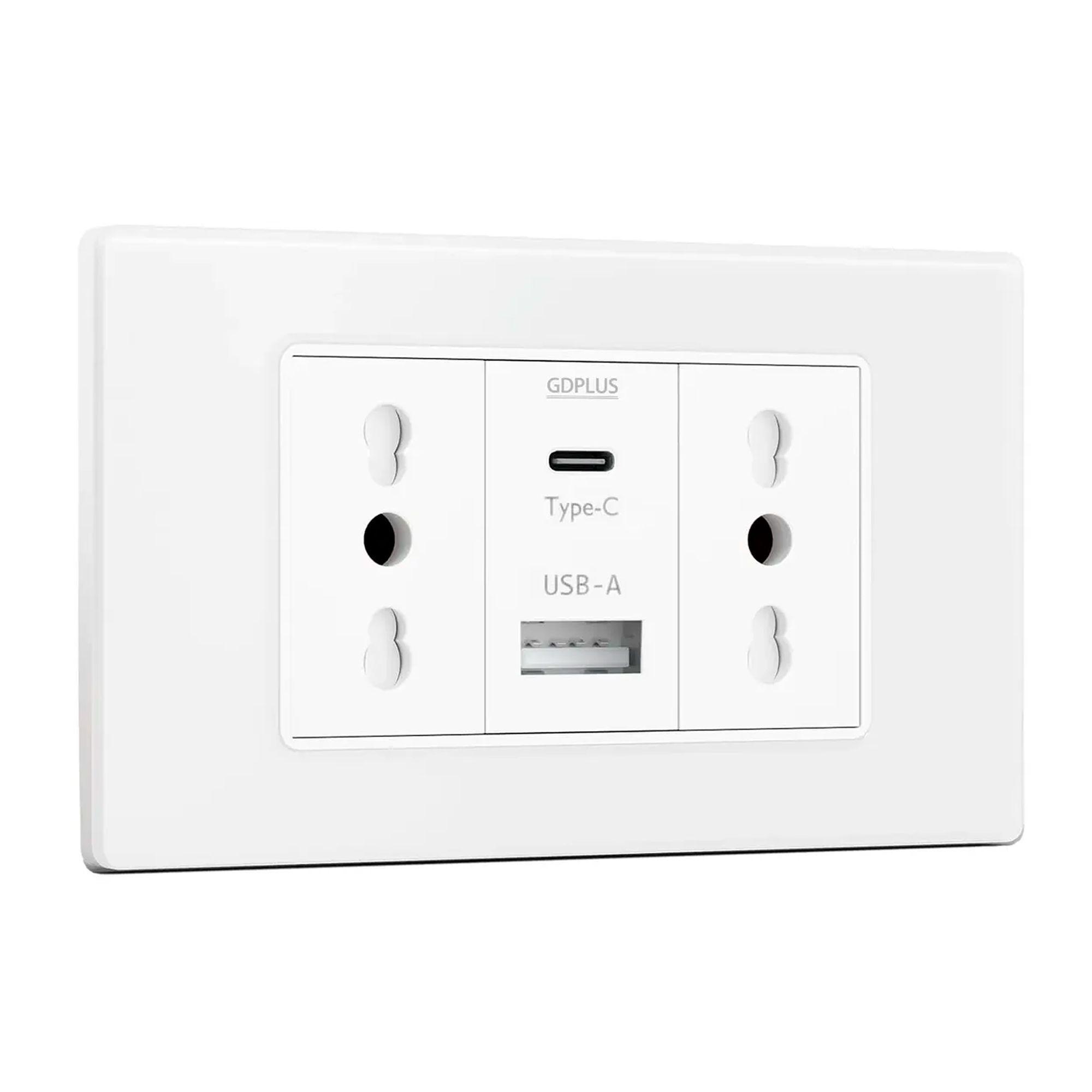 Tomacorriente Doble + Cargador Usb Y Tipo C Pared 16a Blanco-0
