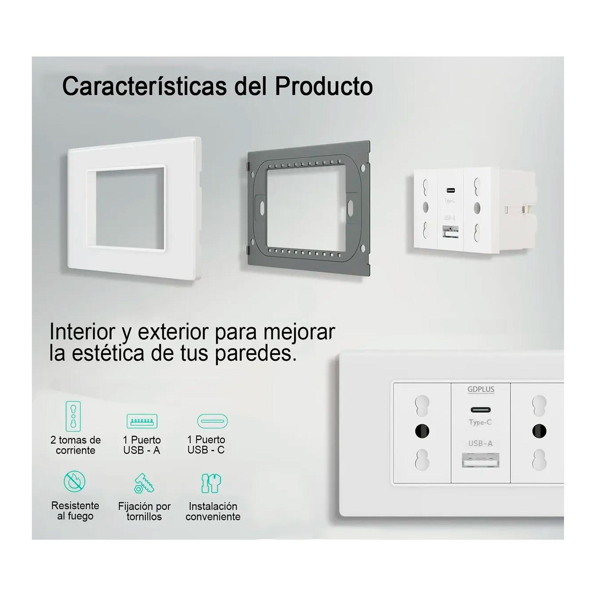 Tomacorriente Doble + Cargador Usb Y Tipo C Pared 16a Blanco-4