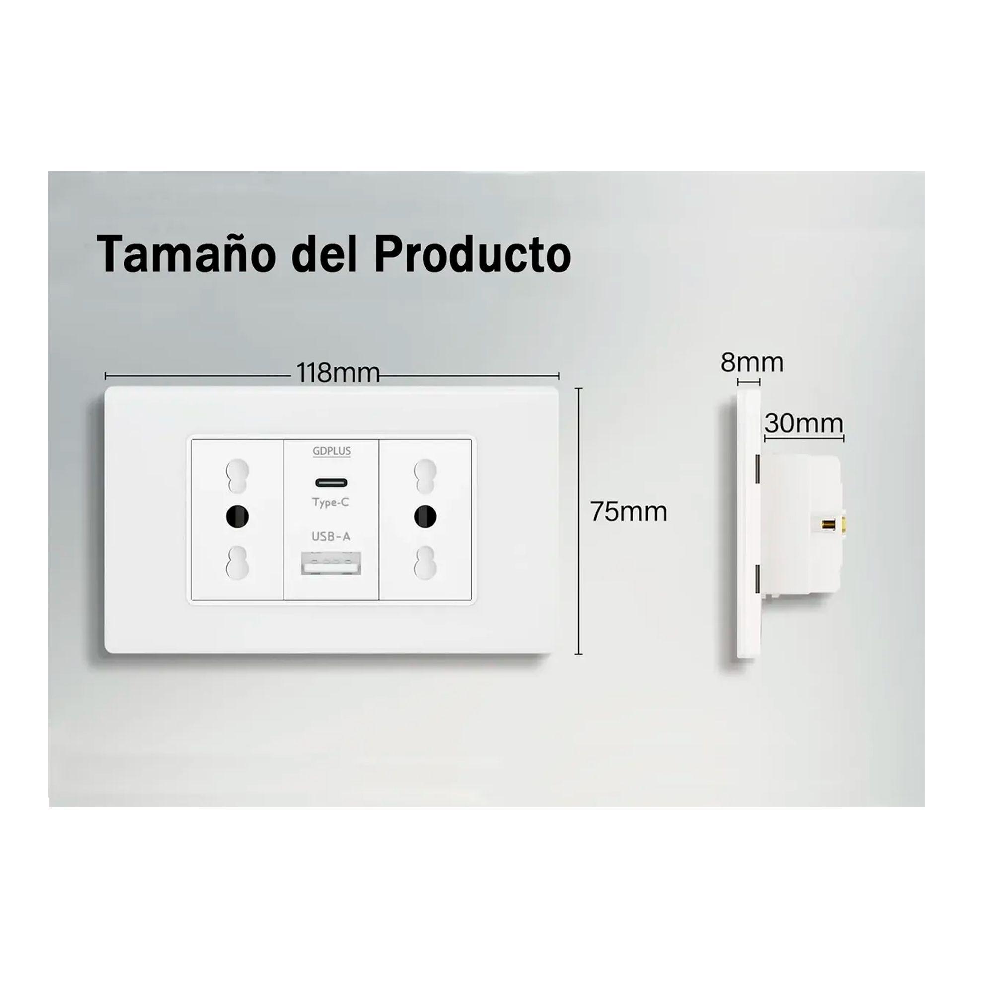 Tomacorriente Doble + Cargador Usb Y Tipo C Pared 16a Blanco-6