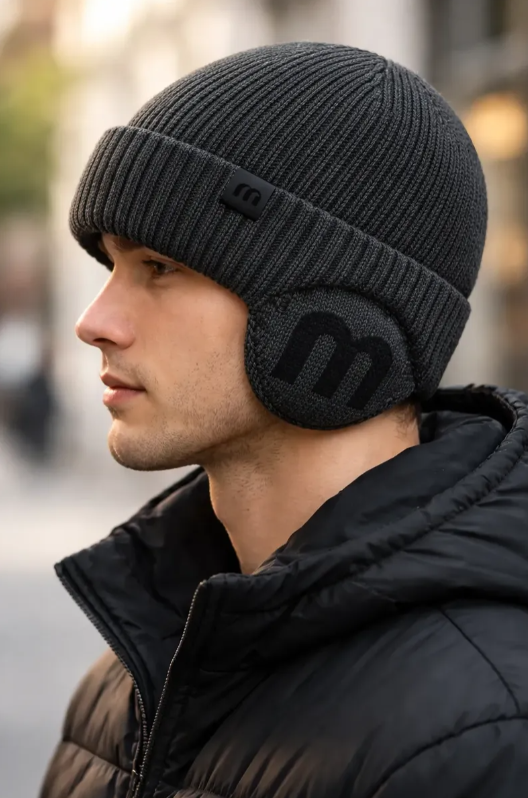 Gorro Tejido Unisex Con Orejeras Invierno Termico Gris Oscuro-3