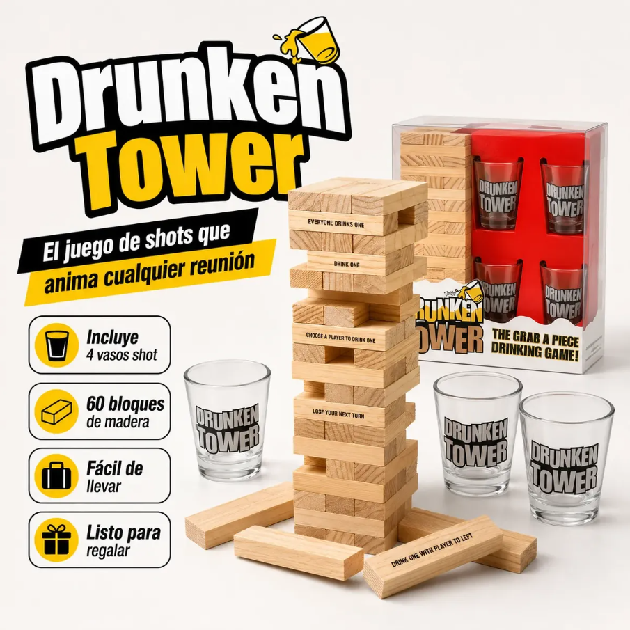 Juego Jenga Trago Para Adultos Drunken Tower 4 Vasos Shots Mesa Ingles-2