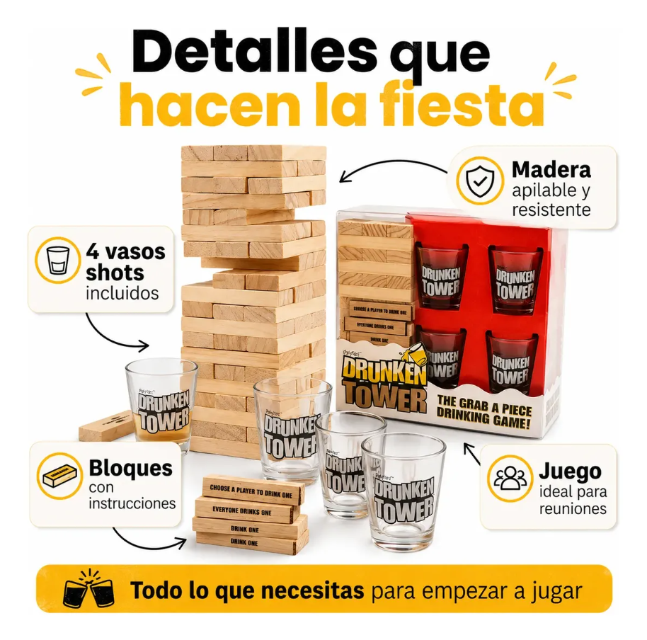 Juego Jenga Trago Para Adultos Drunken Tower 4 Vasos Shots Mesa Ingles-4