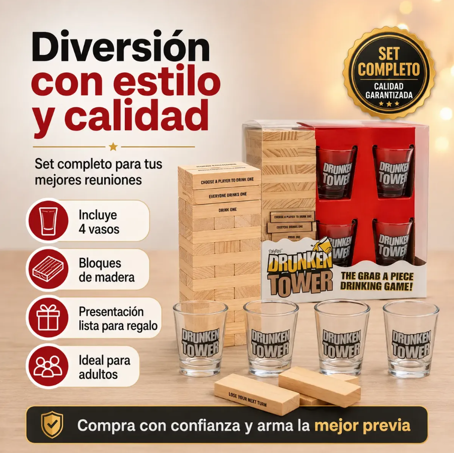 Juego Jenga Trago Para Adultos Drunken Tower 4 Vasos Shots Mesa Ingles-5