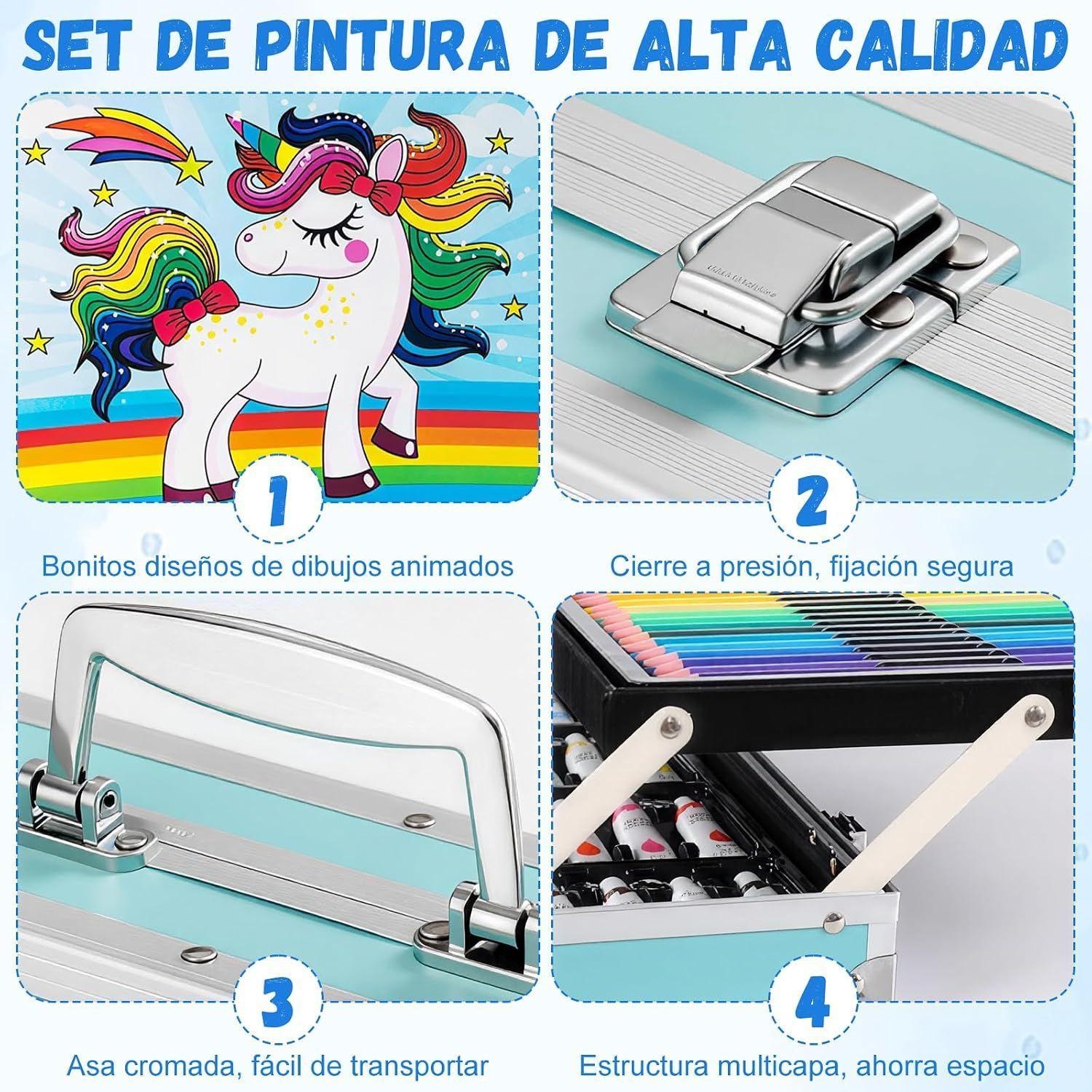 Set Para Pintar Lapices Colores Set De Arte Maleta 145pc Unicornio Azul-3